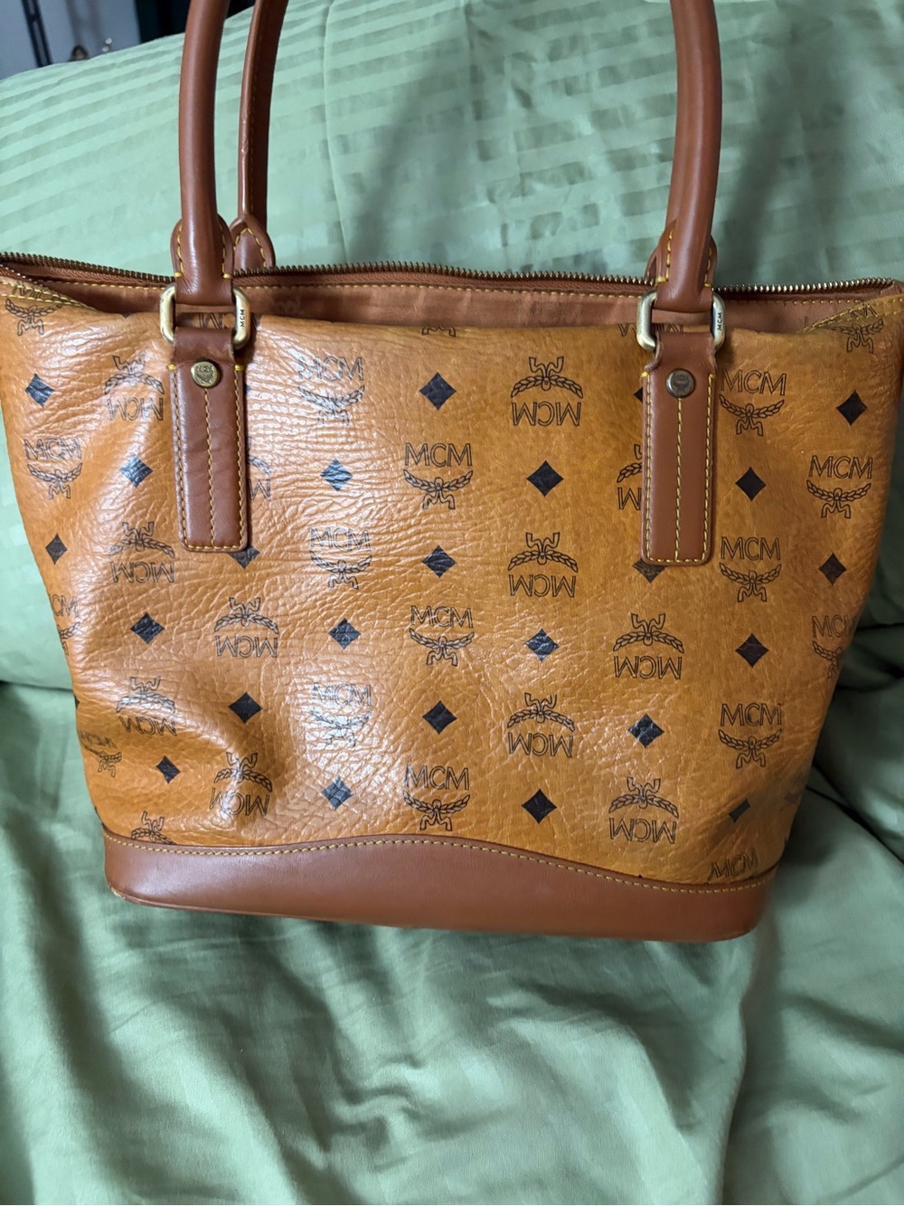 MCM Cognac Logo Print Leather Tote with Gold Plaque. - Picture 2 of 6